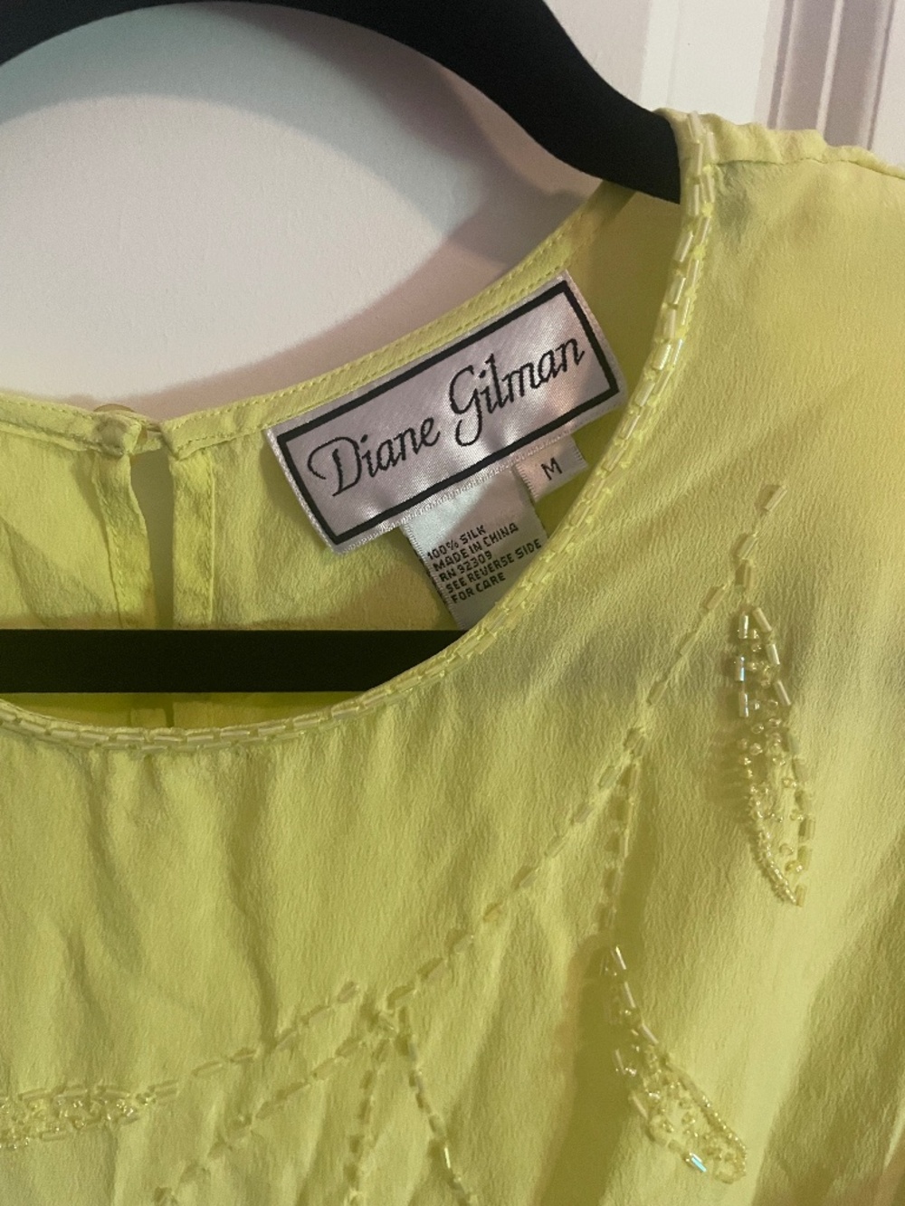 Diane Gilman 100% Silk Chartreuse Beaded Embroidered Top Size M